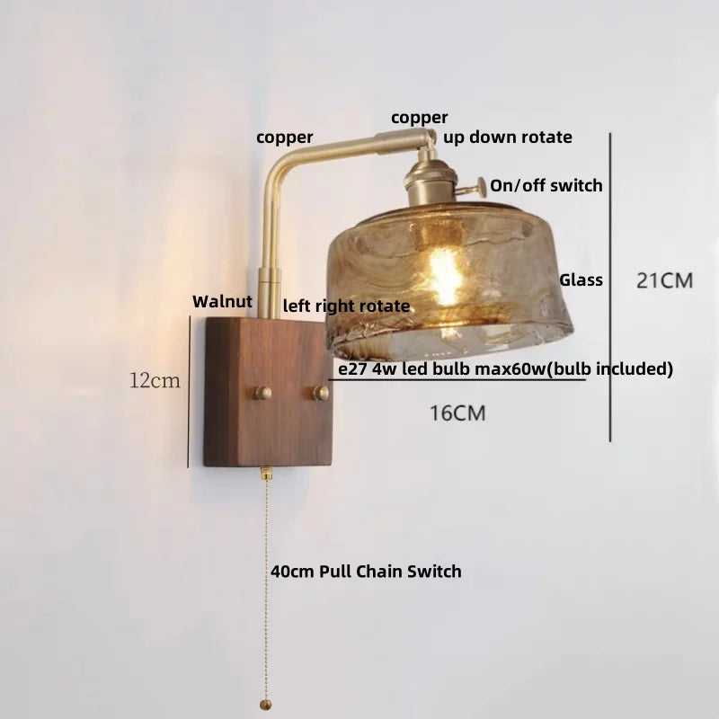 Wood LED Wall Light Up Down Rotate Copper Bedside Lamp