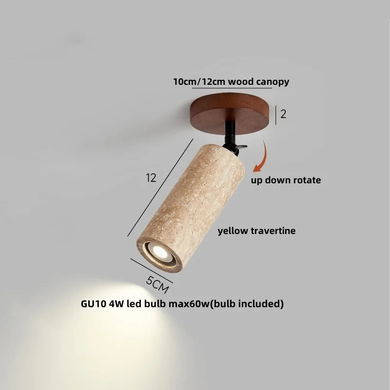Yellow Travertine LED Ceiling Lamp Wood Base Up Rotate Fixture Plafonnier