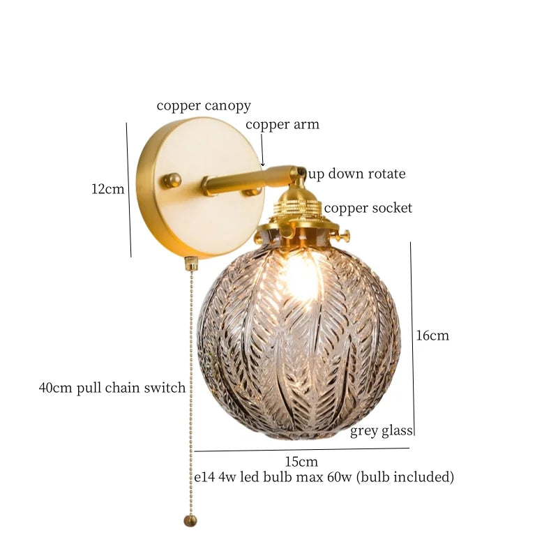 Afralia™ Grey Glass LED Wall Lamp Bedroom Living Room Loft Modern Copper Wandlamp