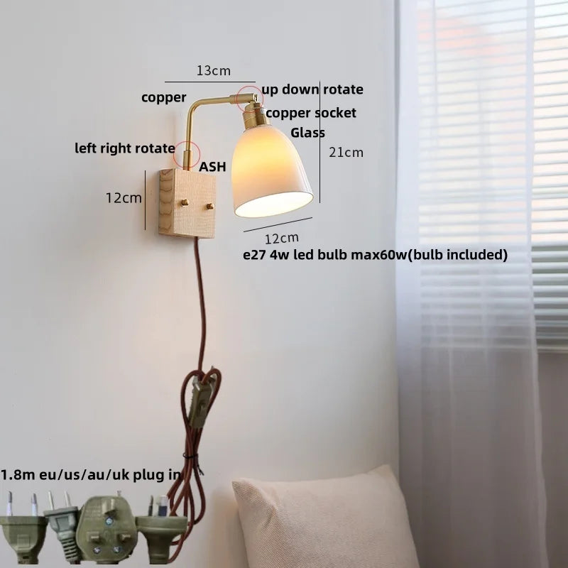 Nordic LED Wall Lights Pull Chain Switch Bedside Lamp Walnut Ash Glass Copper