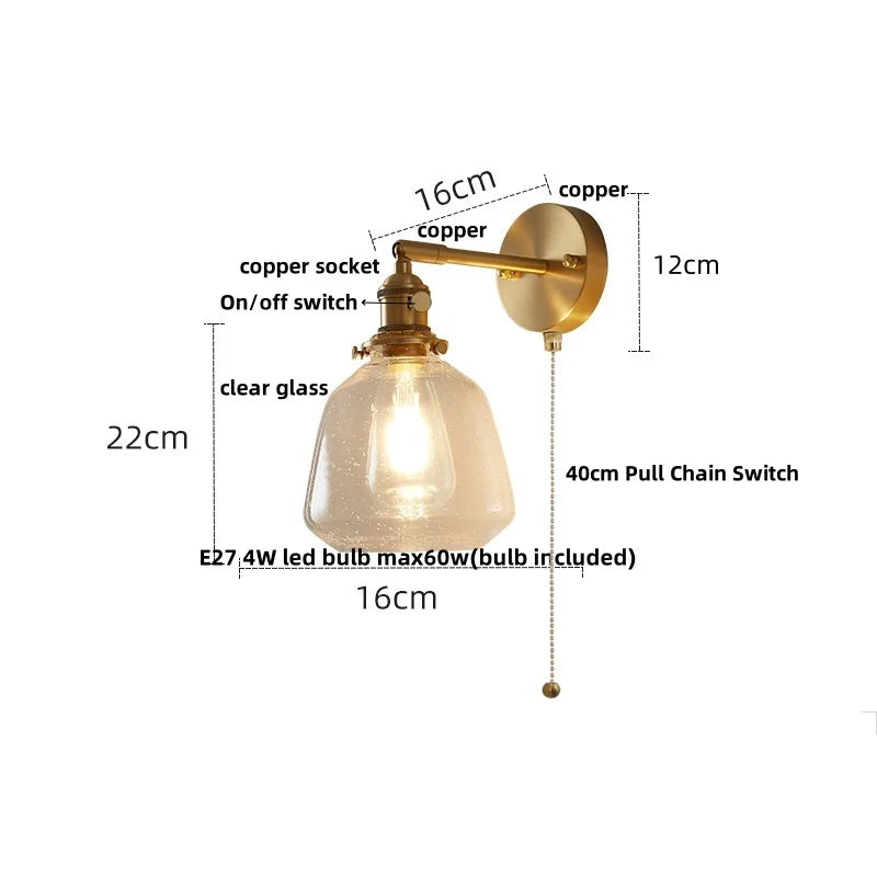 Nordic LED Wall Light Bedside Lamp Copper Glass Rotate Fixtures