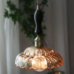 Amber Glass Walnut Wood LED Pendant Lamp with Copper Knob Switch