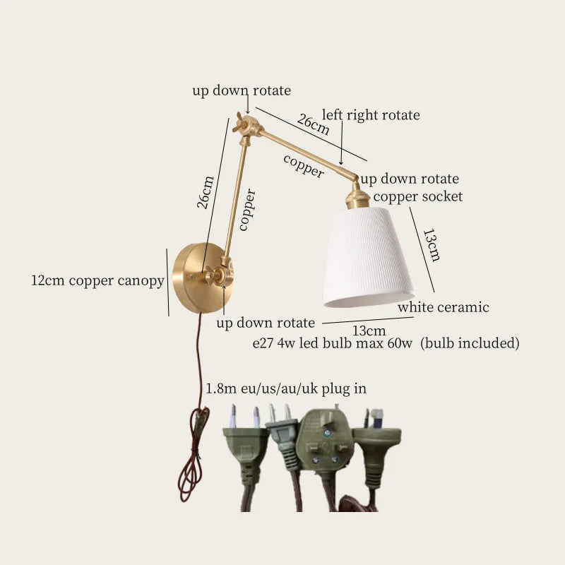 Ceramic LED Wall Lamp, Pull Chain Switch, Nordic Copper, Small Size