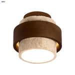 Yellow Travertine LED Ceiling Lamp with Wood Canopy Flush Mount