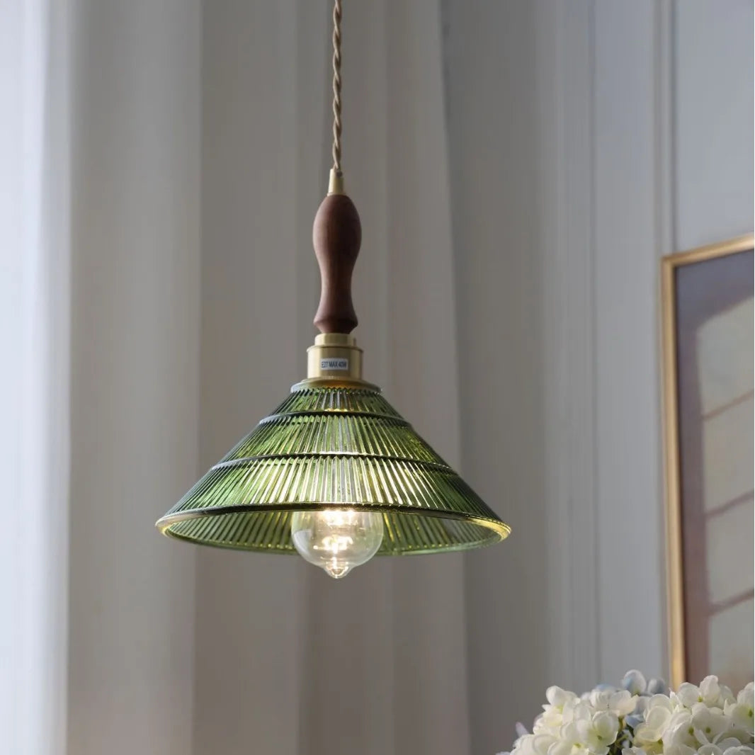 Walnut Wood LED Pendant Light Fixture with Adjustable Green Glass Shade