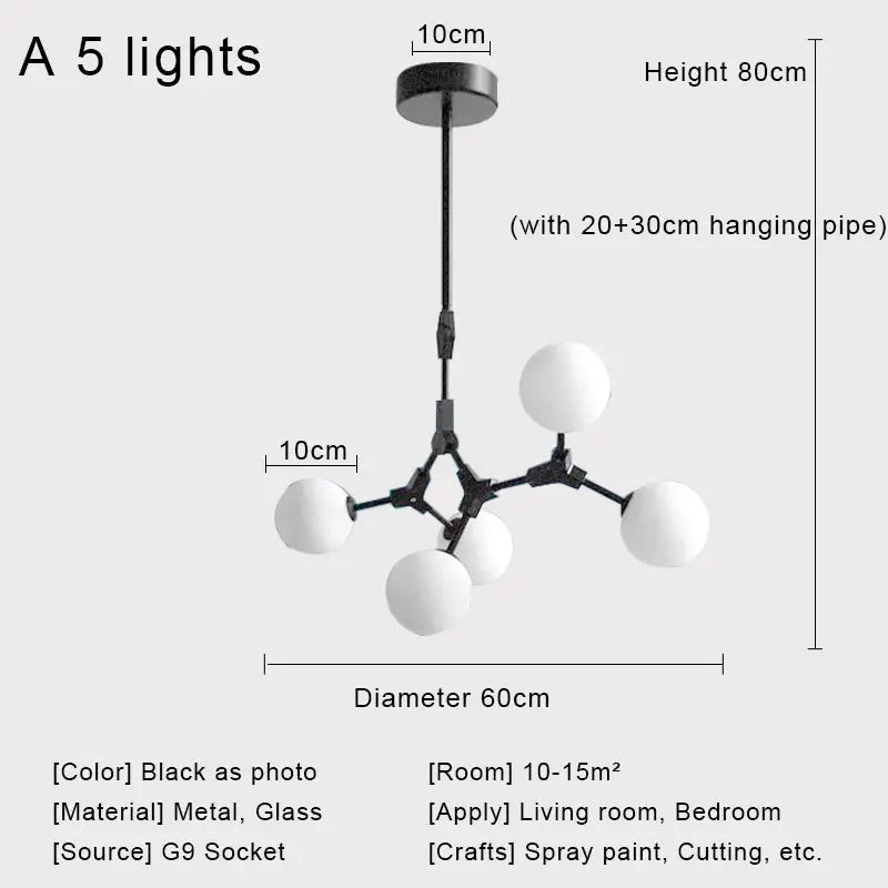 Nordic Black Glass Ball Ceiling Chandelier for Living Room Kitchen Bedroom Dining Home Décor