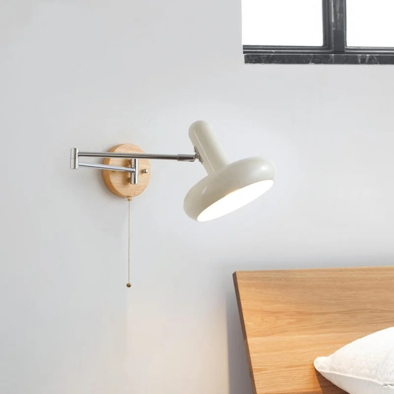 Rotating LED Wall Sconce with Pull Chain Switch, Wood Base Bedside Lamp