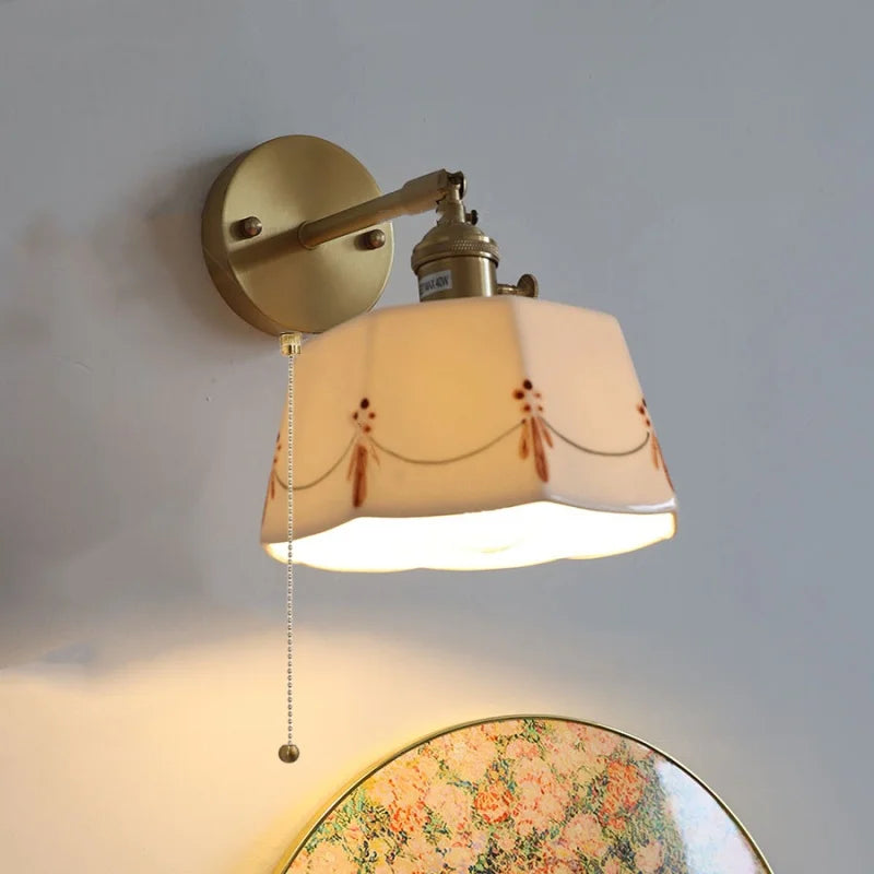 Ceramic Brass LED Wall Light Fixture Pull Chain Switch Bedside Sconce