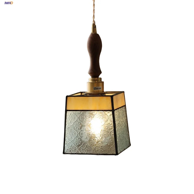 Vintage Flower LED Glass Pendant Light Fixture with Walnut Wood - Japan Style