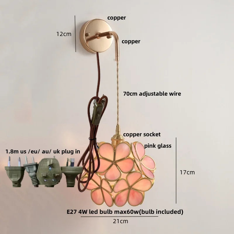 Pink Flower Glass LED Wall Light: Copper Nordic Modern Bedroom Lamp