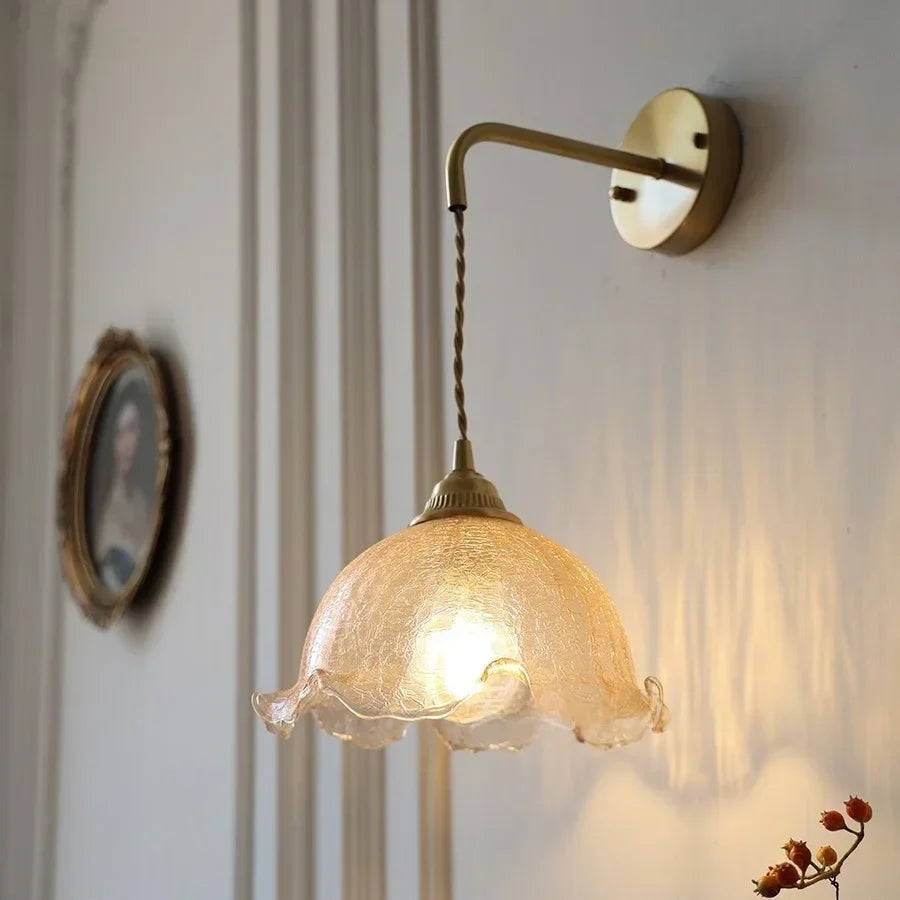 Amber Glass LED Wall Sconce with Pull Chain Switch for Bedroom and Bathroom