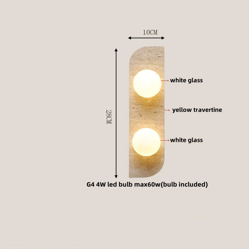 Nordic LED Wall Lamp 2 Glass Ball Yellow Travertine Stone Indoor Wall Light