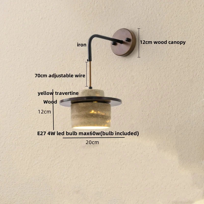 Yellow Travertine LED Wall Lamp Pull Chain Switch Stone Wood Modern Light