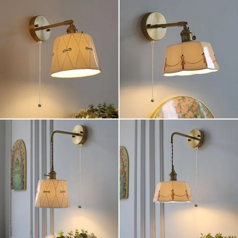 Ceramic Brass LED Wall Light Fixture Pull Chain Switch Bedside Sconce