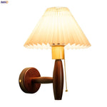 Pleated Fabric LED Wall Sconce Lamp Walnut Wood Light