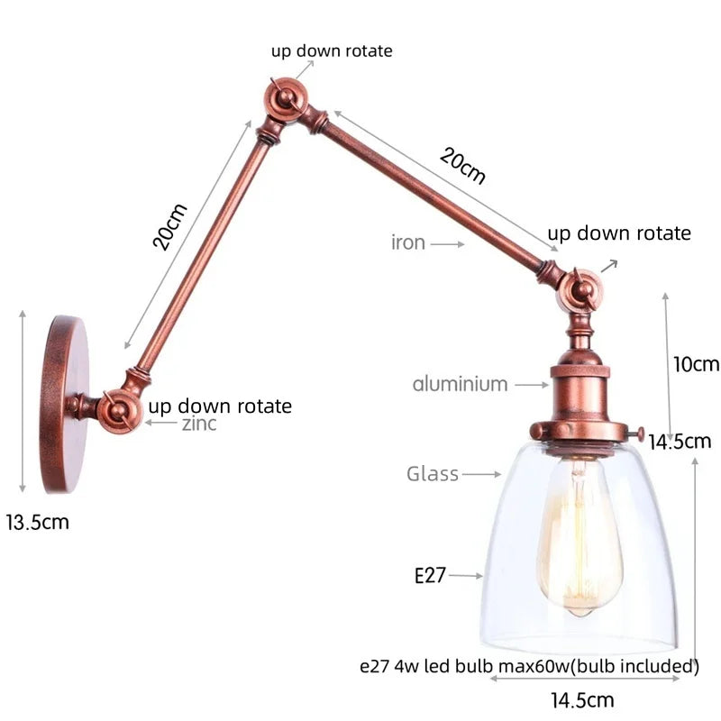 Swing Arm LED Wall Lights Pull Chain Switch Glass Ball Industrial Home Decor
