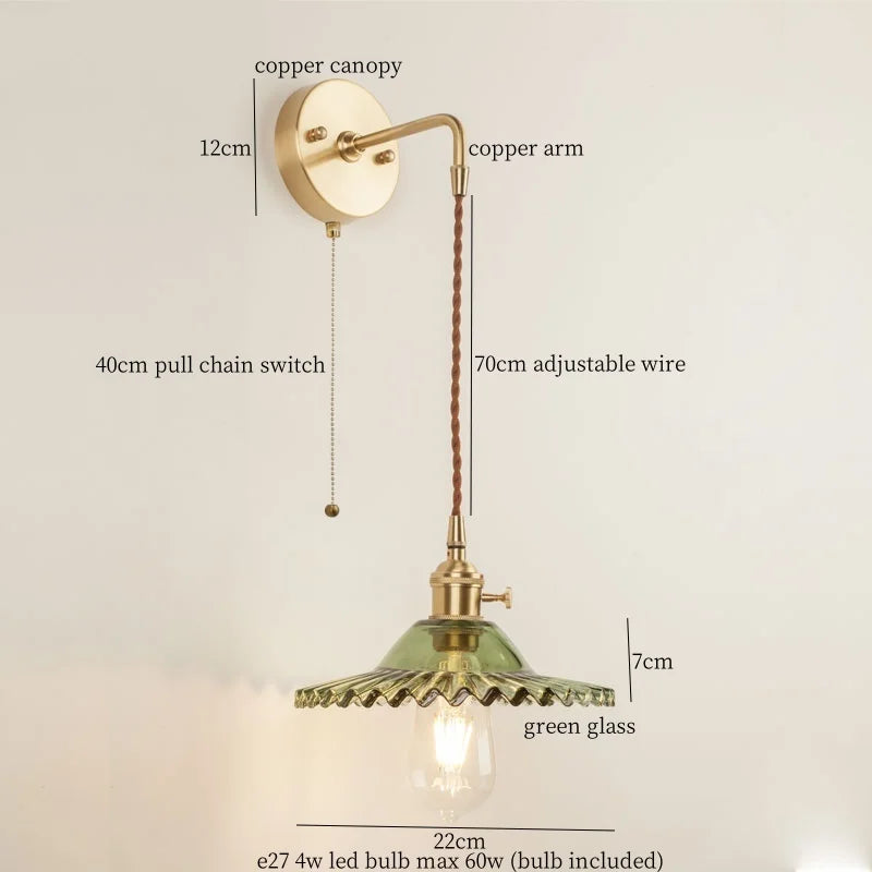 Afralia™ Green Glass LED Wall Light Fixture | Modern Nordic Pull Chain Lamp