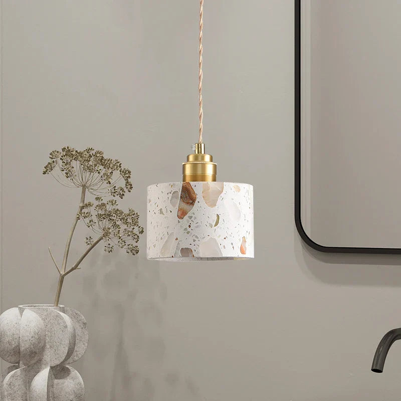 Afralia™ White Terrazzo Stone Copper LED Pendant Light Fixture - Wabi Sabi Design