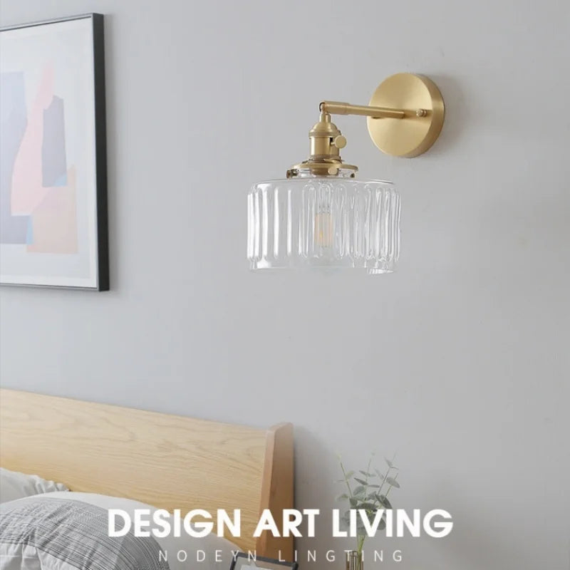 Copper Pull Chain LED Wall Light with Clear Glass Rotate Bedside Lamp