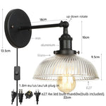 Black LED Wall Lamp Vintage Style Iron Bedside Light Glass Wall Sconce