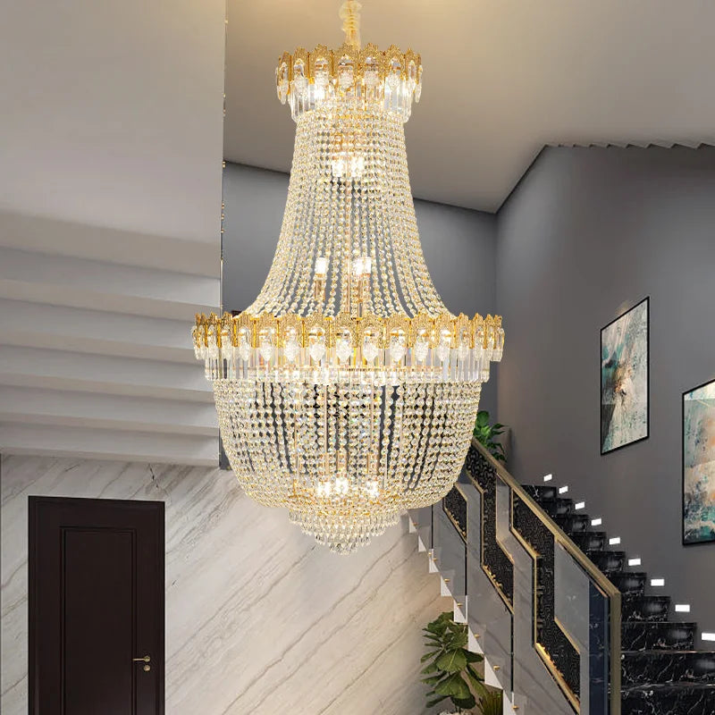 Crystal Chandelier: Luxury Duplex Hotel Living Room Stairwell Design