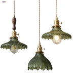 Afralia™ Green Glass LED Pendant Lights with Walnut Wood Hanging Lamp