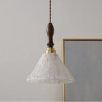 White Glass LED Pendant Light Fixture Walnut Wood Hang Lamp