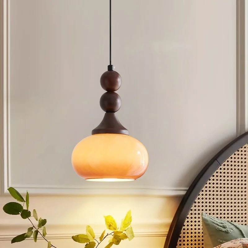 Wood Glass LED Pendant Lamps | French Vintage Hanging Light