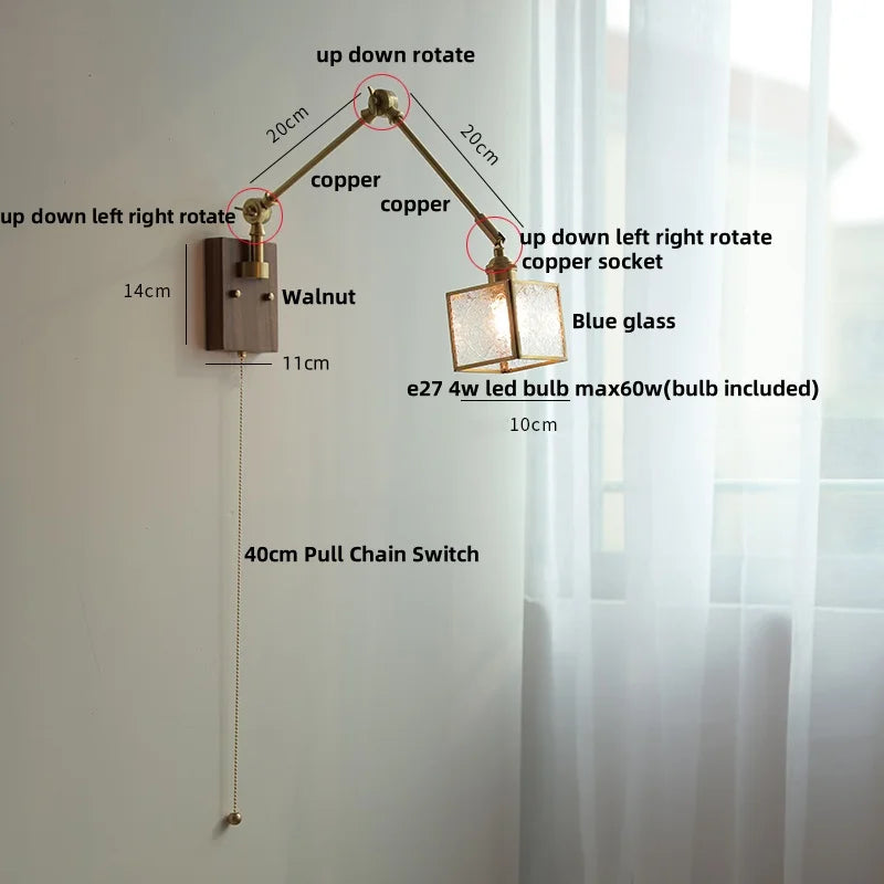 Ash Wood LED Swing Arm Wall Light with Pull Chain Switch & Blue Glass