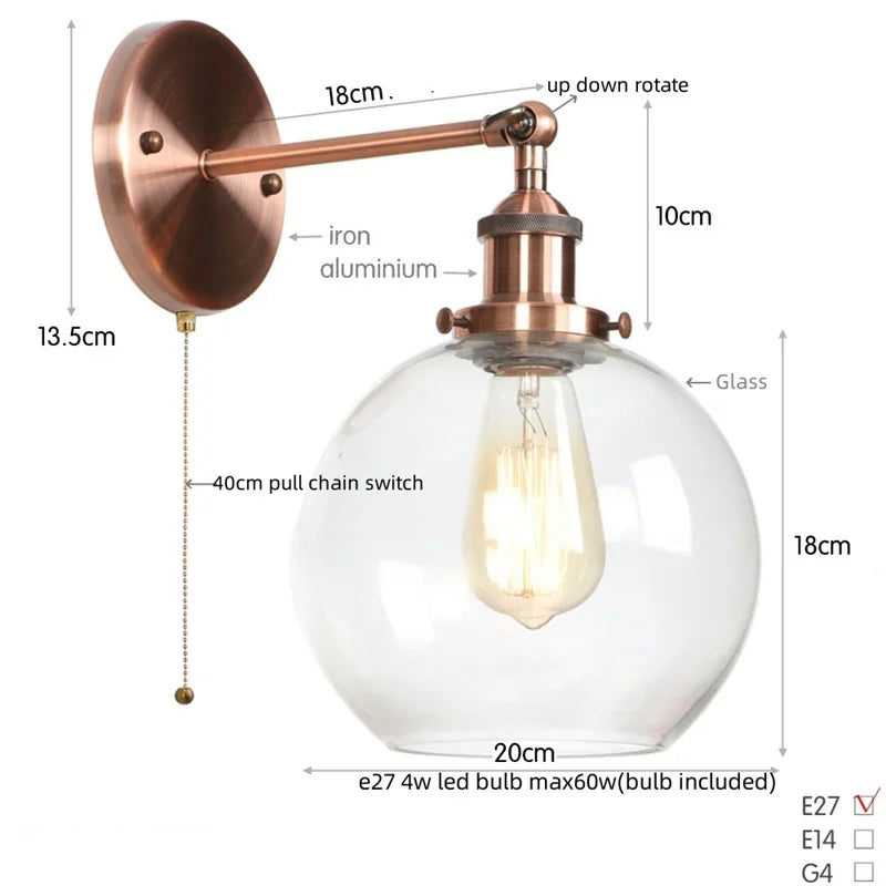 Afralia™ Glass Globe LED Wall Light Fixture Single Arm Bedside Lamp Vintage Industrial Style