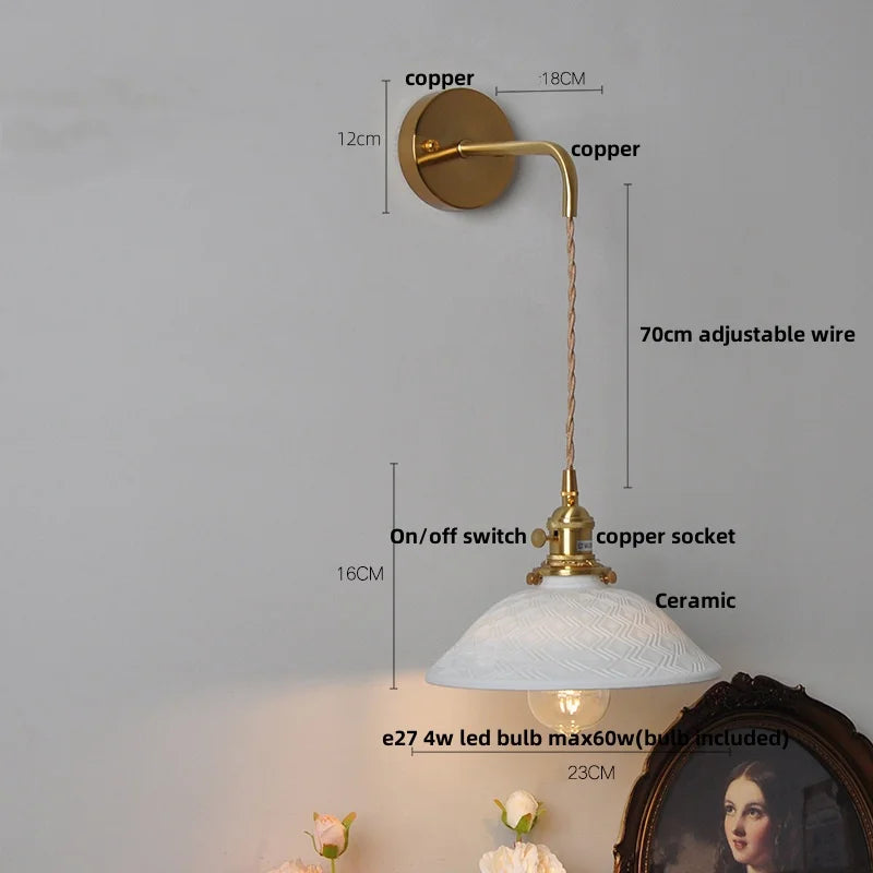 Ceramic Brass LED Wall Light Fixture Pull Chain Switch Bedside Sconce