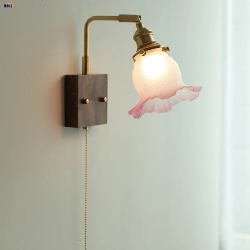 Glass Pink LED Wall Lights Pull Chain Switch Rotatable Sconce Bedside Lamp