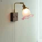 Afralia™ Glass Pink LED Wall Sconce, Pull Chain Switch, Walnut Wood Bedside Lamp