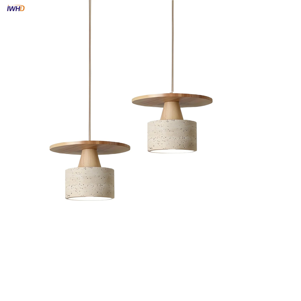 Yellow Travertine LED Pendant Lamp with Natural Wood Accent