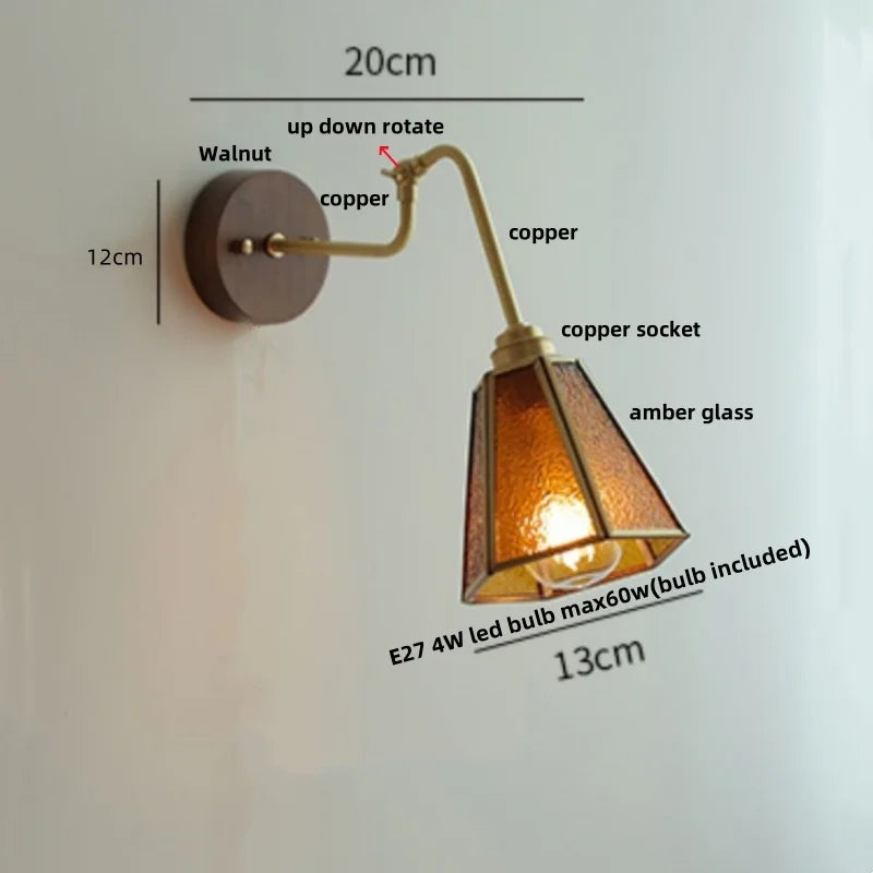 Copper Rotate Arm LED Wall Light: Clear Glass Walnut Bedside Lamp
