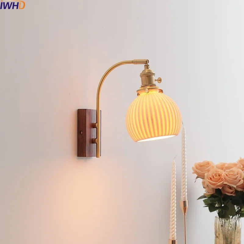 Ceramic Walnut LED Wall Lights Modern Bedside Lamp - Knob Switch