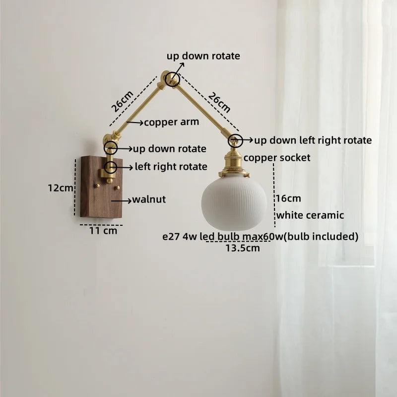 Ceramic Copper Swing Arm LED Wall Lights for Home Decor