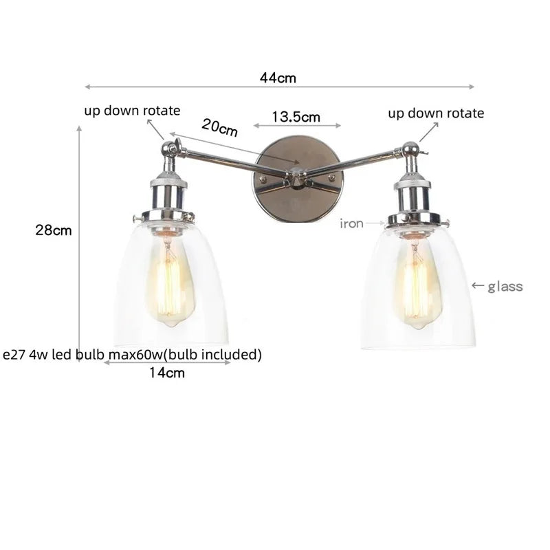 Retro LED Wall Light with Pull Chain Switch, 2 Heads Sconce for Living Room