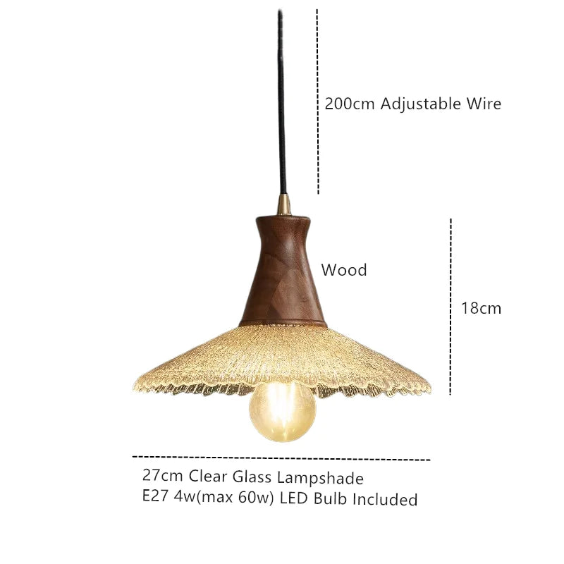 Wood LED Pendant Light with Clear Glass Shade, E27 LED, Japanese-Style Suspension Luminaire