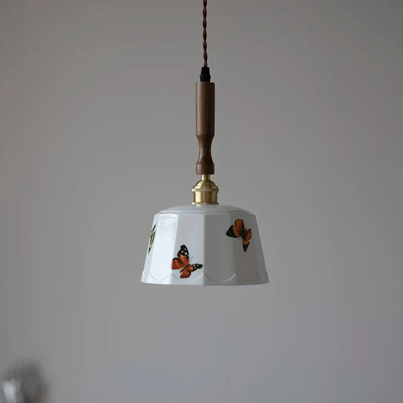 Brown Wood LED Pendant Light - Nordic Modern White Ceramic Hanging Lamp