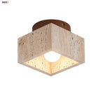 Yellow Travertine LED Ceiling Lamp Wood Canopy Nordic Modern Light Fixture