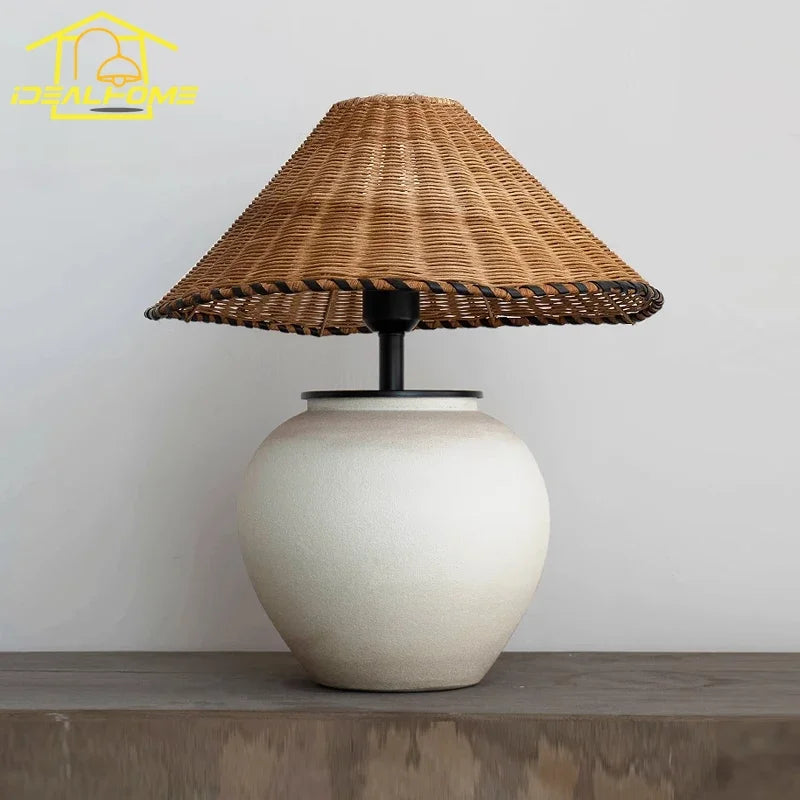 Wabi-sabi Ceramic Rattan Weave Table Lamp LED E27 for Living Room Bedroom Hotel