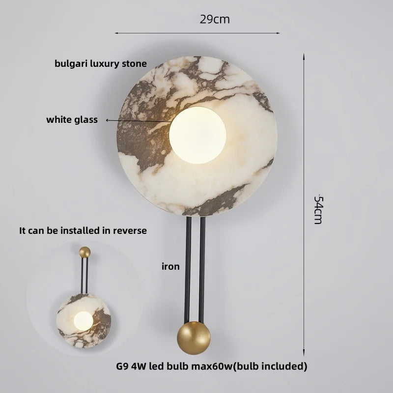 Round Black Iron LED Wall Lamp Bulgari Marble White Glass Stair Light
