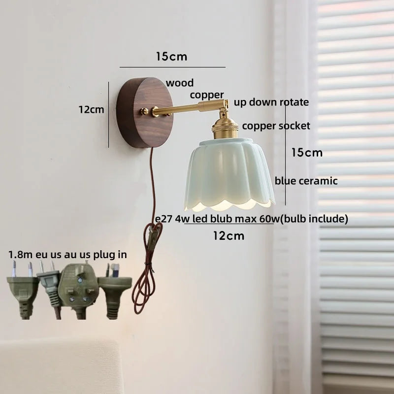 White Flower Ceramic LED Wall Sconce with Wood Base and Copper Rotate