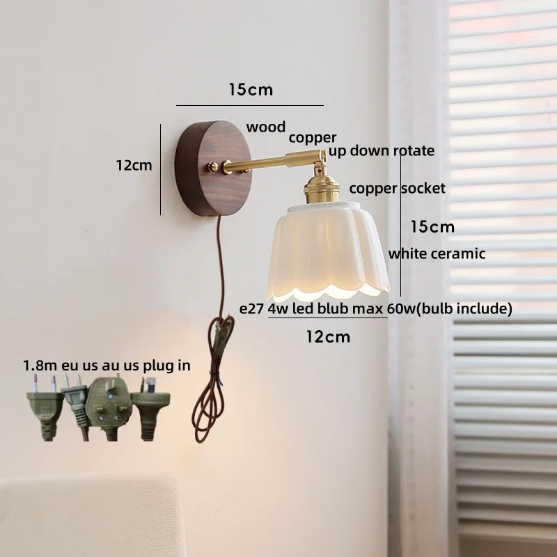 White Flower Ceramic LED Wall Sconce with Wood Base and Copper Rotate