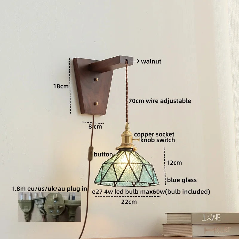 Walnut Copper LED Wall Lamp Sconce with Pull Chain Switch, Nordic Stair Light Fixtures