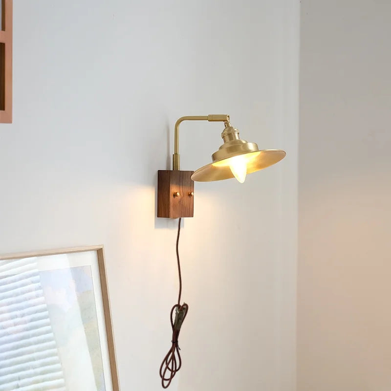 Wood LED Wall Light Up Down Rotate Copper Bedside Lamp