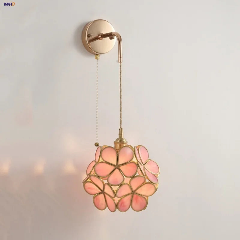 Pink Flower Glass LED Wall Light: Copper Nordic Modern Bedroom Lamp