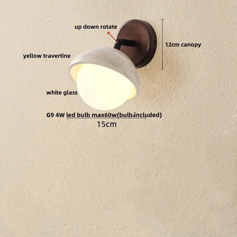 Yellow Travertine LED Wall Light with Pull Chain Switch, Nordic Modern Glass Wood Lamp