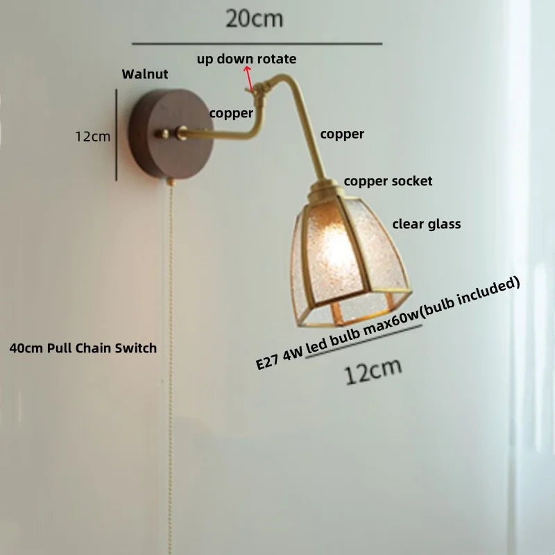 Copper Rotate Arm LED Wall Light: Clear Glass Walnut Bedside Lamp